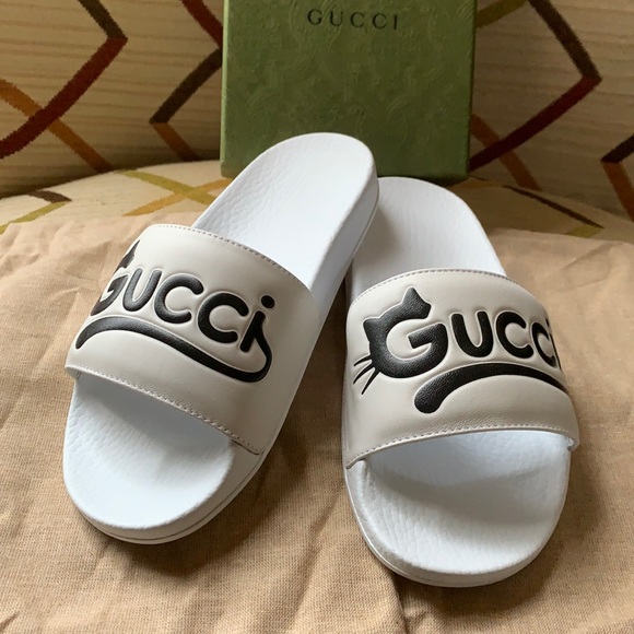 Gucci Shoes Auth Gucci Cat Logo Slides Rubber Sandal White Size 5
